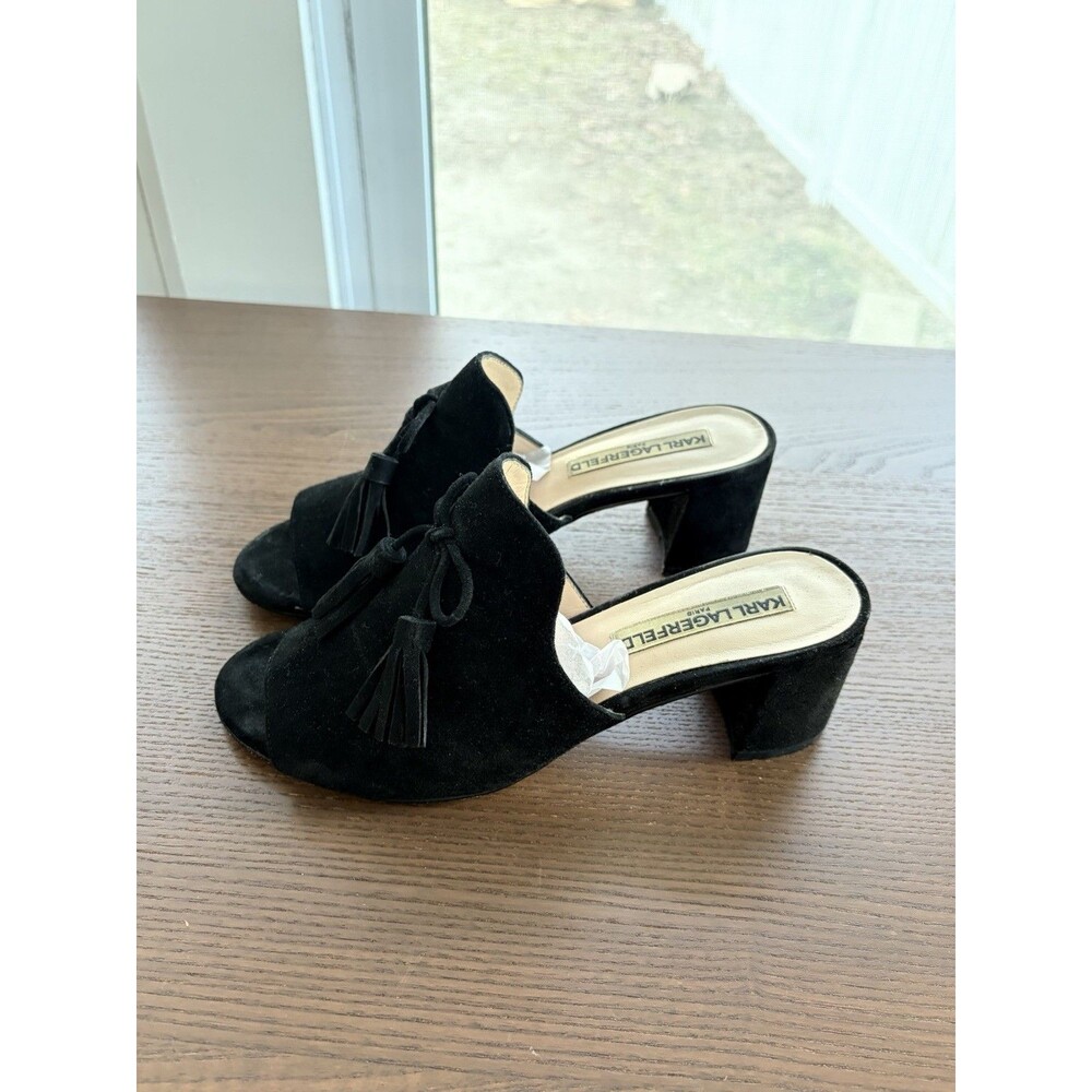 Karl Lagerfeld Paris Black Suede Tassel Mules Slides Block Heel Sandals Size 7.5